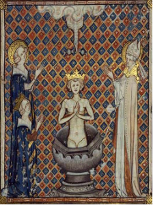 Baptême de Clovis : à gauche, enluminure (BnF) ; à droite,  miniature anonyme, domaine public (BnF).